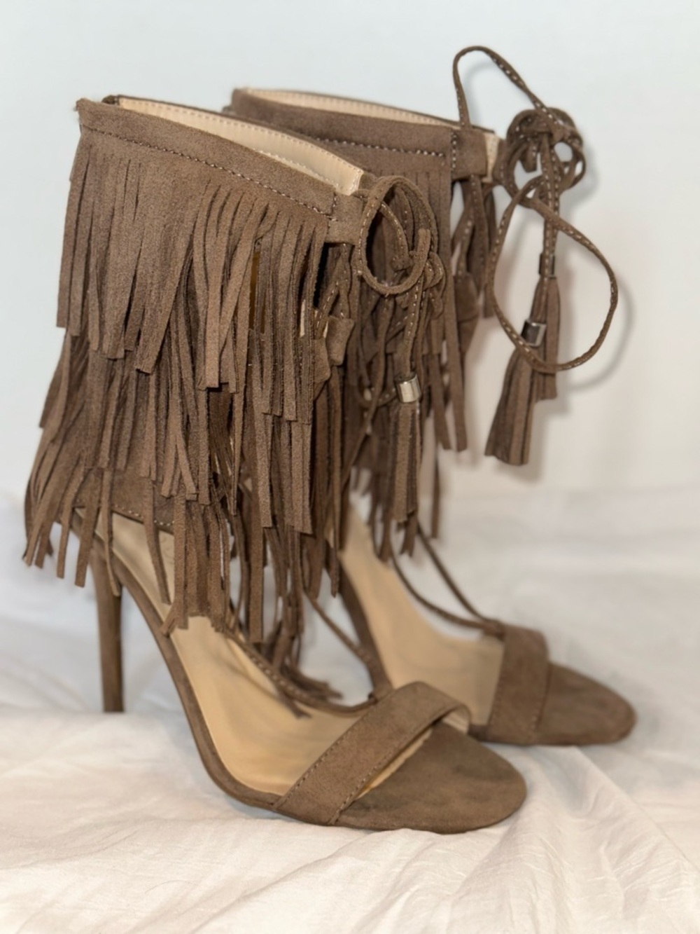 Fringe Lace-Up High Heel Sandals - Brown - Picture 2 of 6